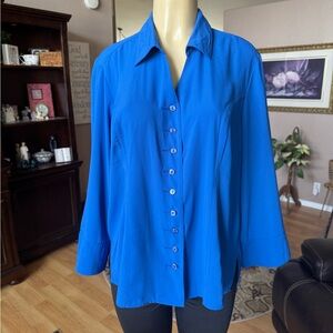 Kathy Che blue long sleeve Vneck button up blouse-size XL